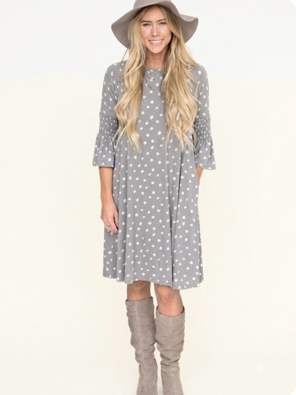 Agnes & Dora Walker Bloom Pewter Gray Polka Dot Knit Dress M Quiet Luxury